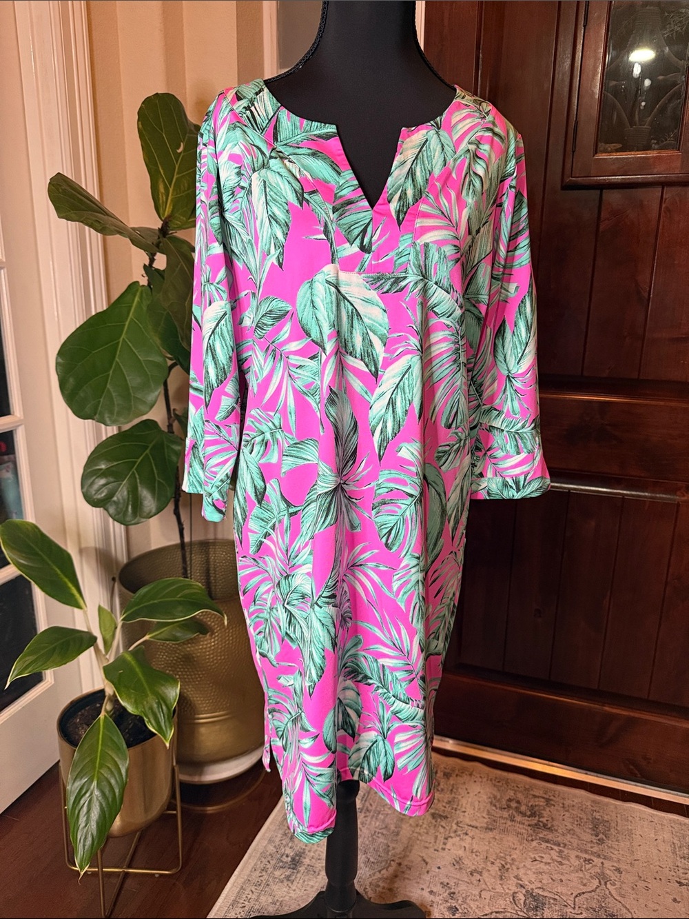Caribbean Joe Pink Tropical, Pink, Palm, Swim Cover up, Dress Size M
